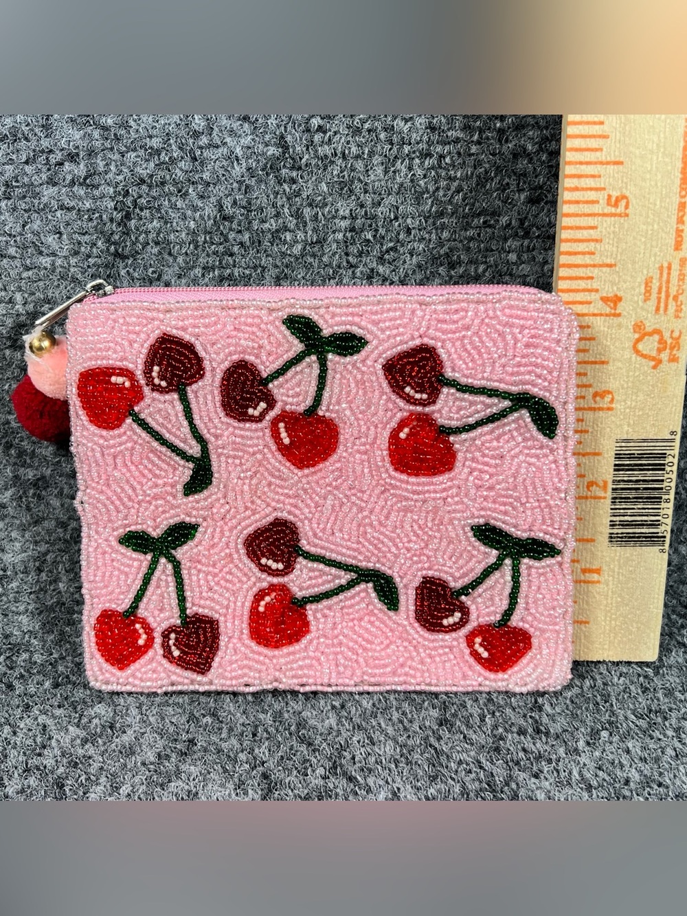 Seed Beaded Coin Purse Pink With Red‎ Cherries - Picture 6 of 7